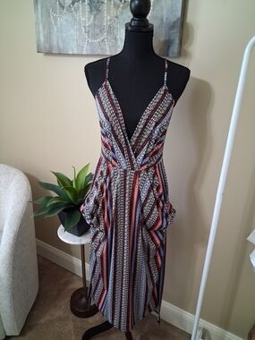 BCBGeneration Striped Surplice Midi Dress in Rust and Navy